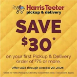 Get $30.00 off your FIRST Harris Teeter Pickup or Delivery Order!