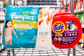 shopping cart with pampers diapers, olay body wash, and tide pods