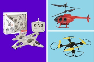 Sky Rider and Sharper Image Drones in a blue and purple collage