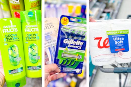 collage with garnier, gillette, and walgreens brand products