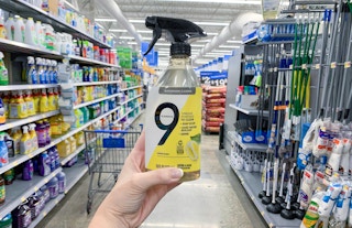 9 elements bathroom cleaner held up in center of walmart aisle