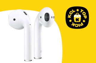 A pair of AirPods held up by hand.