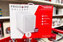 frigidaire beauty fridge sitting on a target cart