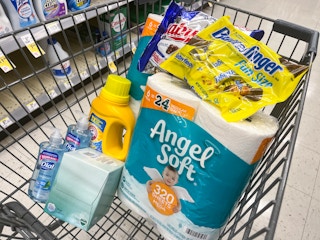 angled view of shopping cart with walgreens shopping haul