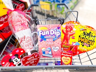 shopping cart with valentine's day candy and merchandise