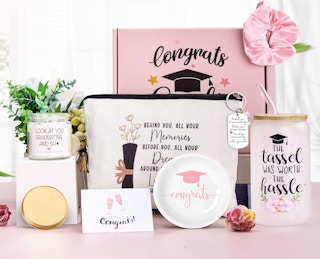 a pink-themed graduation gift set