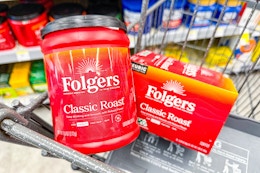 folgers coffee and kcup pods in a cart