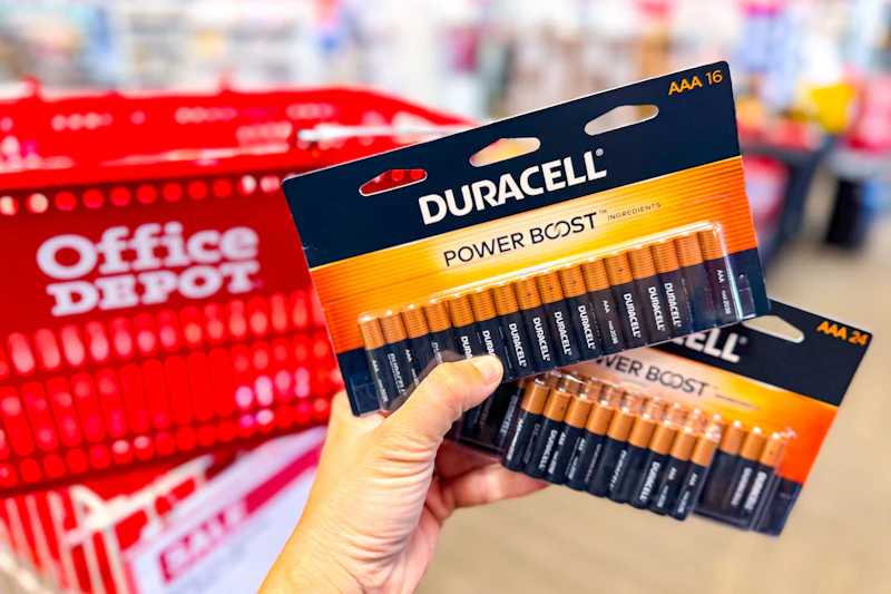 hand holding Duracell battery packs in front of an Office Depot shopping basket
