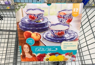the pioneer woman dinnerware set box sitting in small walmart cart