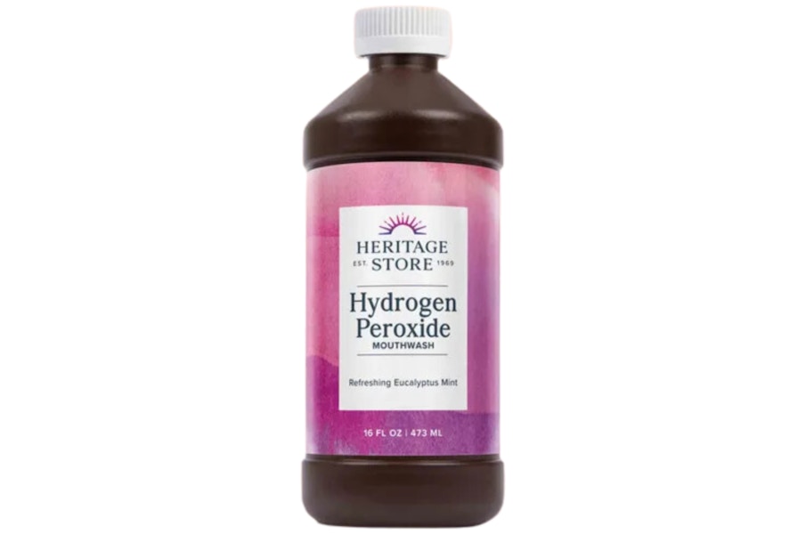 A bottle of Heritage Store Hydrogen Peroxide.