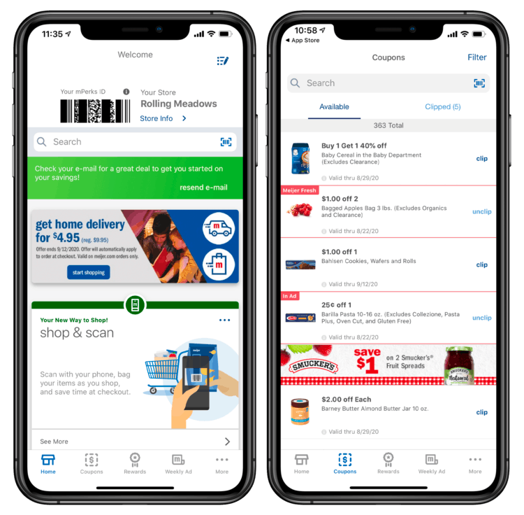 Two screens showing coupons in the Meijer digital app.  