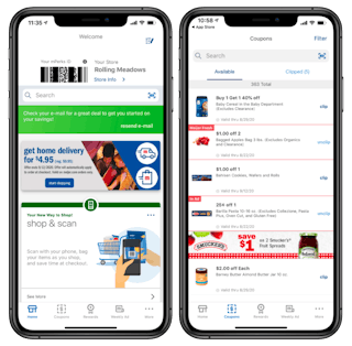 Two screens showing coupons in the Meijer digital app.  