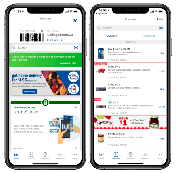 Two screens showing coupons in the Meijer digital app.  