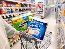charmin and bounty products in a walgreens cart