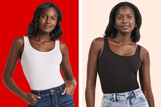 A white and black Time and Tru Women's tank top worn by model