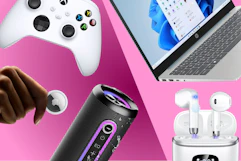 white Xbox controller, Apple AirTag, wireless speaker, white earbuds, and HP laptop