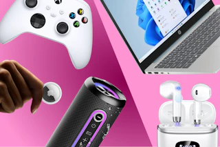 white Xbox controller, Apple AirTag, wireless speaker, white earbuds, and HP laptop