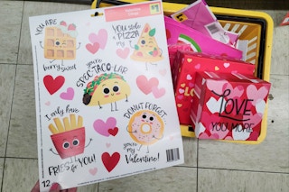 valentine items in basket at dollar general