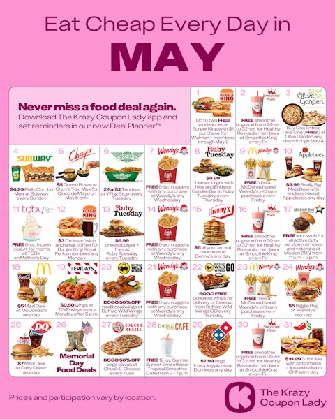 Eat cheap every day in May 2025 calendar