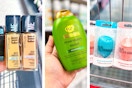 collage image of maybelline foundation, ogx shampoo, and real techniques beauty sponges