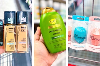 collage image of maybelline foundation, ogx shampoo, and real techniques beauty sponges