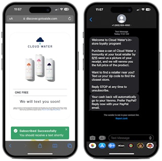 Two phones, one displaying an offer from aisle, and the other showing a text sent for that offer