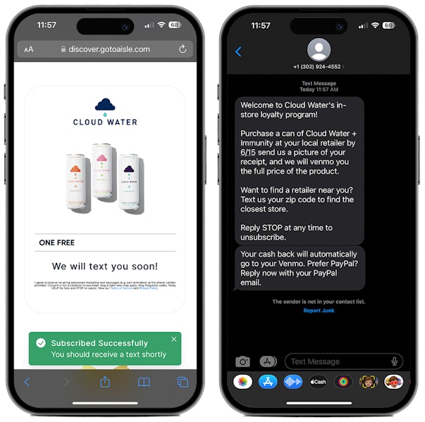 Two phones, one displaying an offer from aisle, and the other showing a text sent for that offer