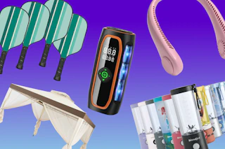 pickleball paddle, speaker, blender, neck fan