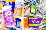 collage image of lysol wipes, mr clean cleaner and viva paper towels