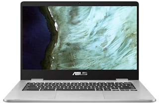 asus chromebook turned on on a white background