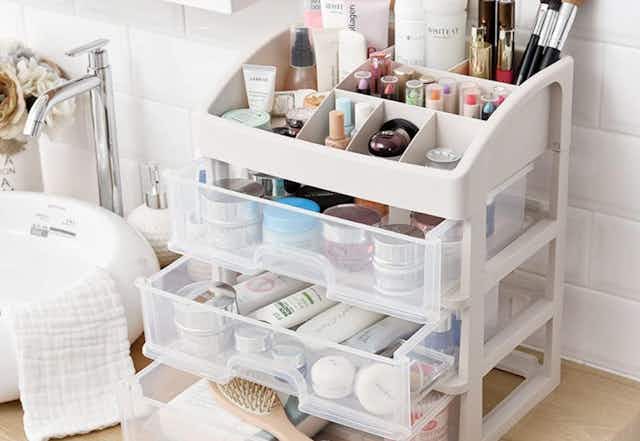 Makeup Organizer With Drawers, Just $10.34 on Amazon card image