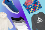 baby jacket, hanes socks, swim shoes, reebok sweatshirt, Hot Wheels swim trunks