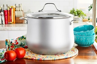 Lifestyle image of the Pioneer Woman Stainless Steel Stock Pot in home kitchen setting
