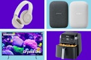 Beats headphones, Google Nest speakers, Samsung TV, and a Ninja Air Fryer on a purple and blue collage background. 