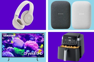 Beats headphones, Google Nest speakers, Samsung TV, and a Ninja Air Fryer on a purple and blue collage background. 