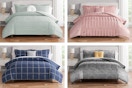 4 lifestyle images of the Mainstays 10-piece bed-in-a-bag sets in 4 different color combinations