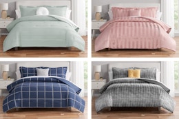 4 lifestyle images of the Mainstays 10-piece bed-in-a-bag sets in 4 different color combinations