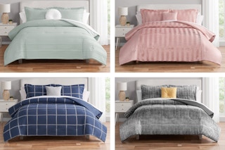 4 lifestyle images of the Mainstays 10-piece bed-in-a-bag sets in 4 different color combinations