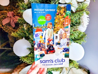 hand holding a sams club dec instant savings book by tree