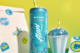 Up clos of the Alani Nu Blue Slush can