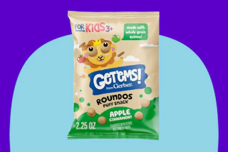 Stock photo of a bag of Gerber Get'ems Apple Cinnamon Puff Snacks