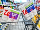 paper towels and toilet paper in a cart