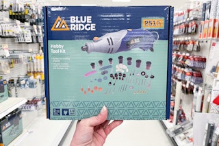 hand holding a blue ridge 251-piece hobby tool kit at target
