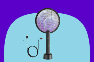 A bug zapper racket has a round zapping surface and a short black cylinder to hold. It recharges by USB cable, pictured beside it.