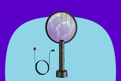 A bug zapper racket has a round zapping surface and a short black cylinder to hold. It recharges by USB cable, pictured beside it.