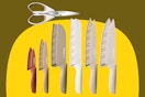 Chefs knife set on a yellow background.