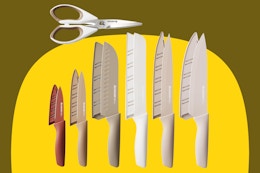 Chefs knife set on a yellow background.
