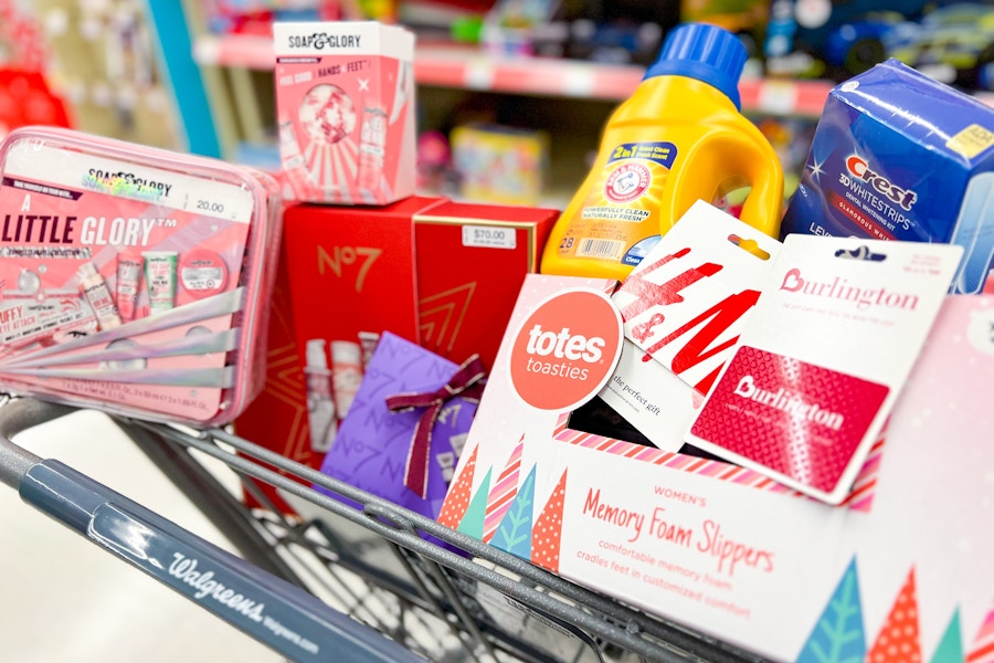 a walgreens cart filled with items