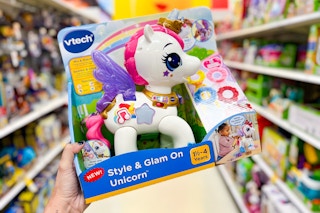 Vtech Unicorn toys held up in center isle of toy section in Target