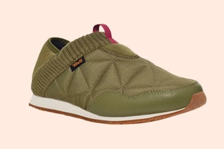 peach background with olive green Teva slip on shoes from Macy's clearance section